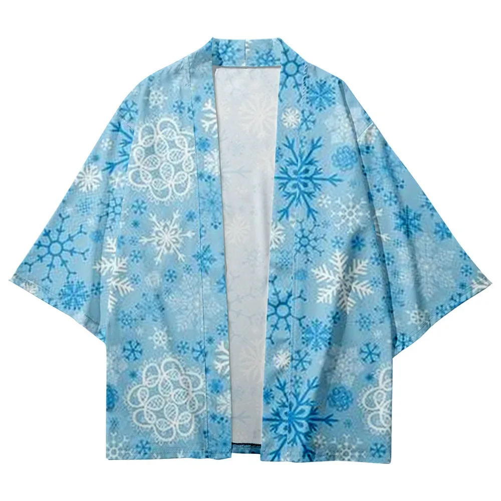 Snowflake Print Light Blue Kimono Streetwear Men Cardigan Japanese Haori Clothes Summer Beach Yukata Cosplay Casual Shirts Tops