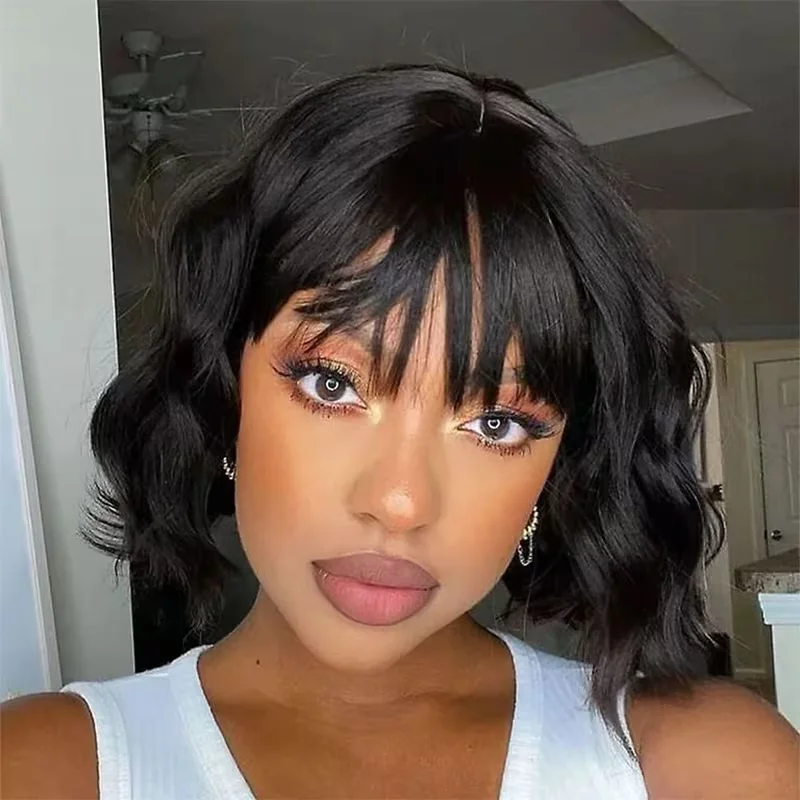 Body Wave Bob Wig With Bangs Short Full Machine Made Human Hair Wigs 220% Density Loose Body Wave Brazilian Natural Black Color image 2