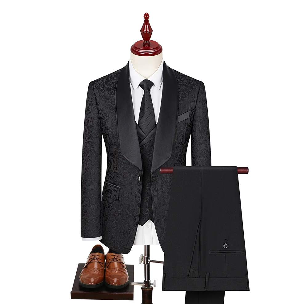 QZI Heren Pak Effen Sjaal Revers Slim Fit Een Knop Drie Stuks Set Bruiloft Tuxedo