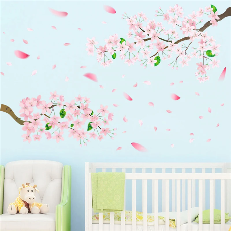 Blooming Pink Sakura Tree Wall Stickers For Office Store Studio Home Decoration Diy Plant Mural Art Pvc Decals Pastoral Posters