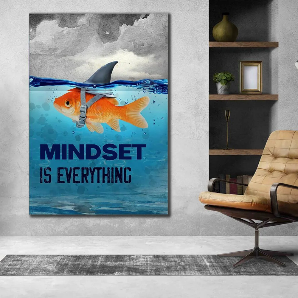 Mindset Is Everything Motivational Wall Art Poster Home Inspirational Decor HD Canvas Painting Quote Shark Goldfish Modern Decor