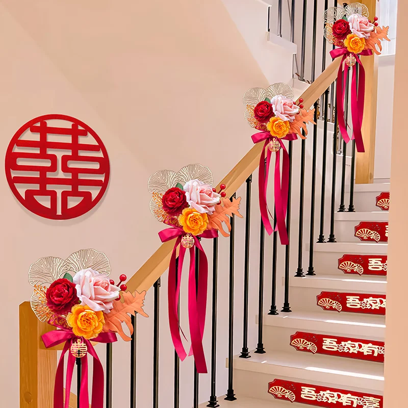 Creative decoration of staircase handrails in wedding rooms