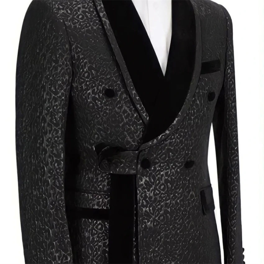 Setelan Pria Berkancing Dua Baris Bunga Set 2 Potong Tuksedo Pernikahan Pria Jaket Mewah Slim Fit dengan Celana Blazer Setelan Jacquard Formal