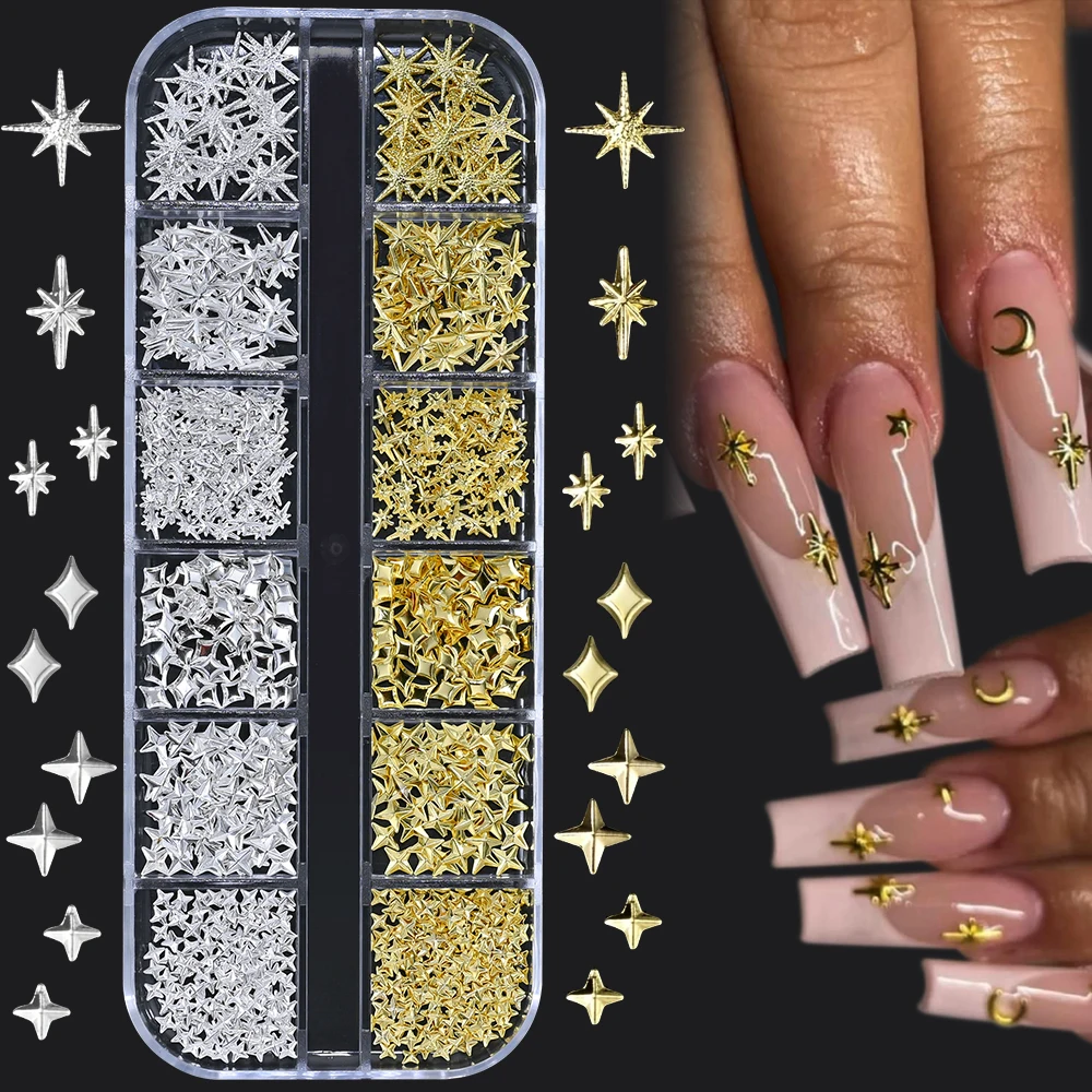12Grid/doos Y2k Goud Zilver Starlight Nail Charms 3D Mini Cross Star Metallic Studs Nagelsieraden Legering Plaksteen Sterren Nagel Decora
