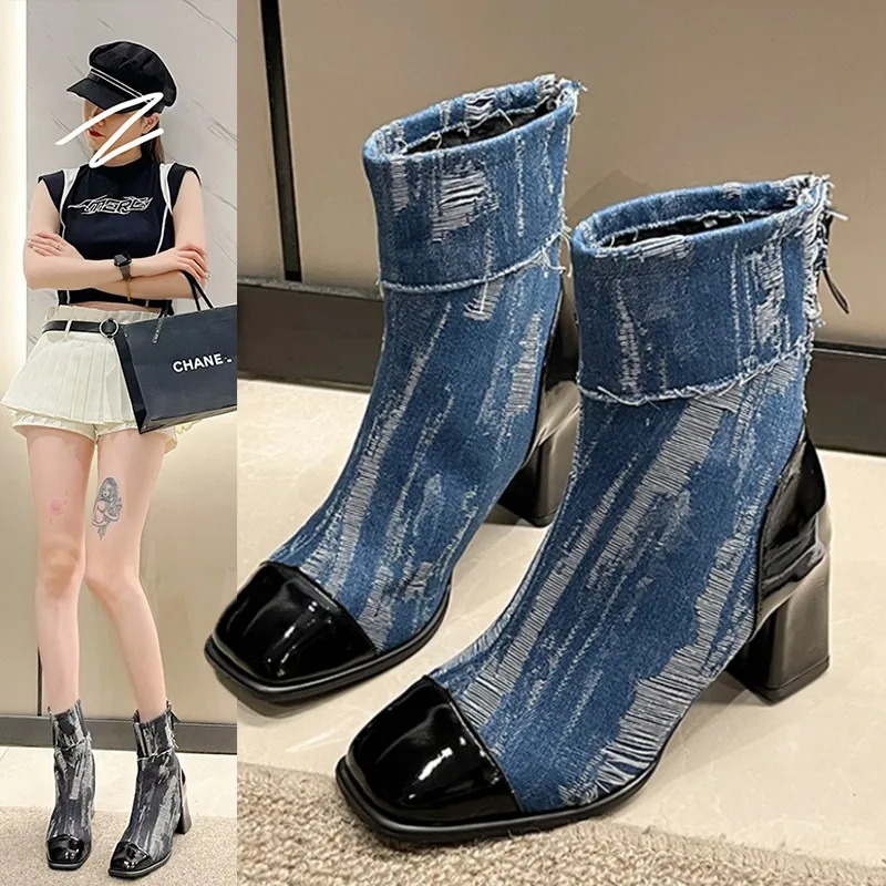 

New Style Fashionable Cowboy Boots for Women in Autumn and Winter High Heels Retro Denim Versatile Short Boots Zapatos Mujer