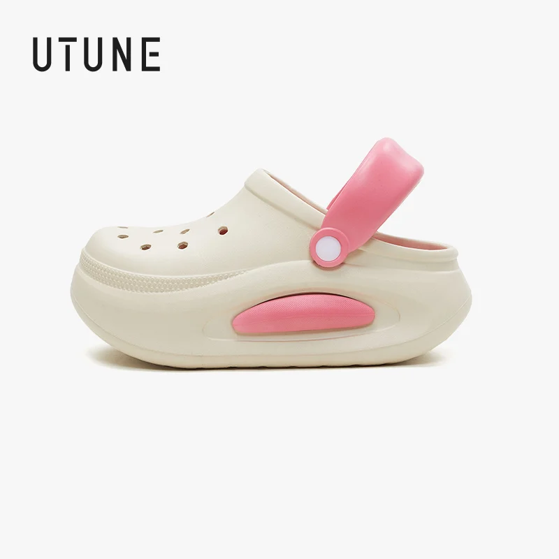 UTUNE Thick Sole Women's Sandals Summer 6cm Heels Garden Beach Hole Shoes for Women Outdoor EVA Soft Sole Couple Luxury Slides