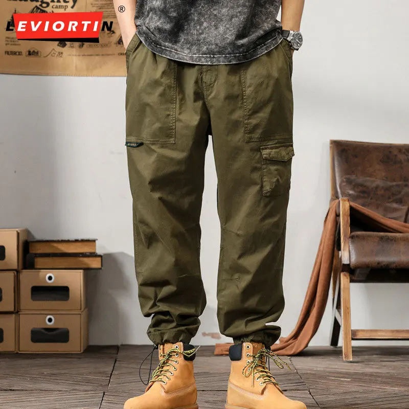 

Men's Spring and Autumn Korean Style Trendy Wide Leg Bundle Foot Drawstring Japanese workwear Loose Straight Buckle Casual Pants