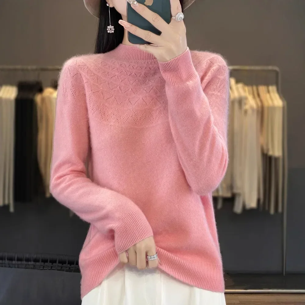 

Autumn Winter Style Fleece Base Layer Shirt Fashionable Casual Wear Women's Loose Knitted Sweater Half High Collar