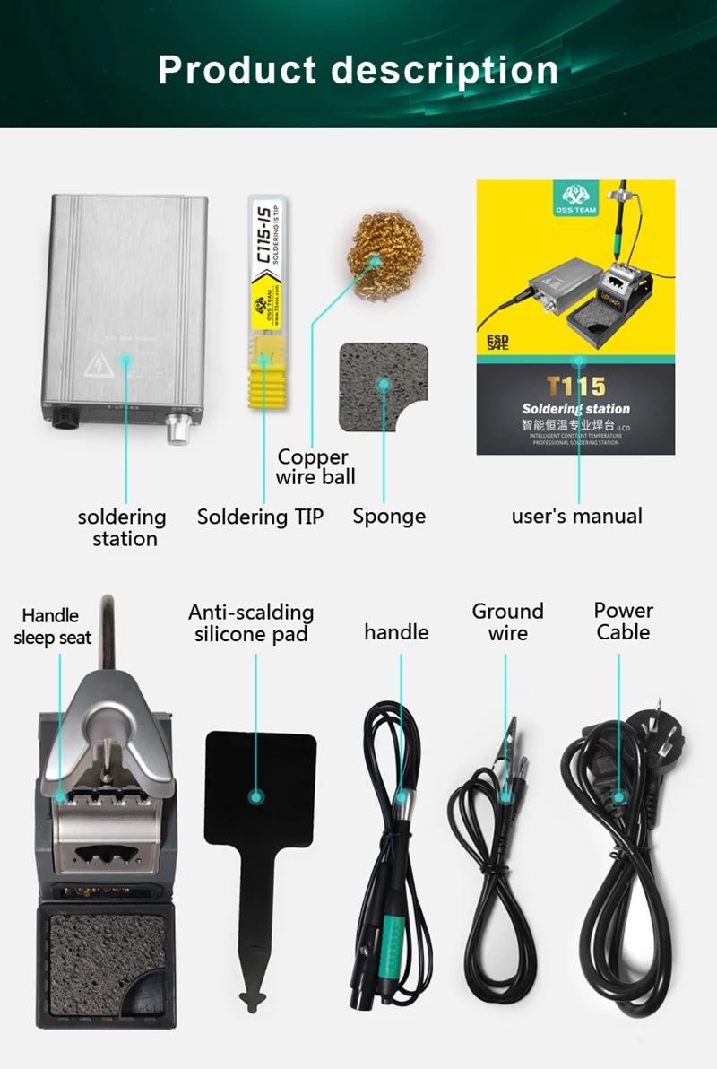 

OSS T115 Micro Nano Electric Soldering Station, C115 Soldering Iron Tips, Fast Heating Welding for Motherboard Repair