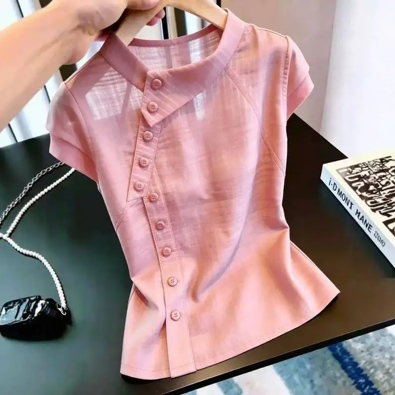 Button Patchwork Simplicity Plus Size Office Shirt Tops New Summer Solid Short Sleeve Elegant Blouse Fashion Trend Women Clothes