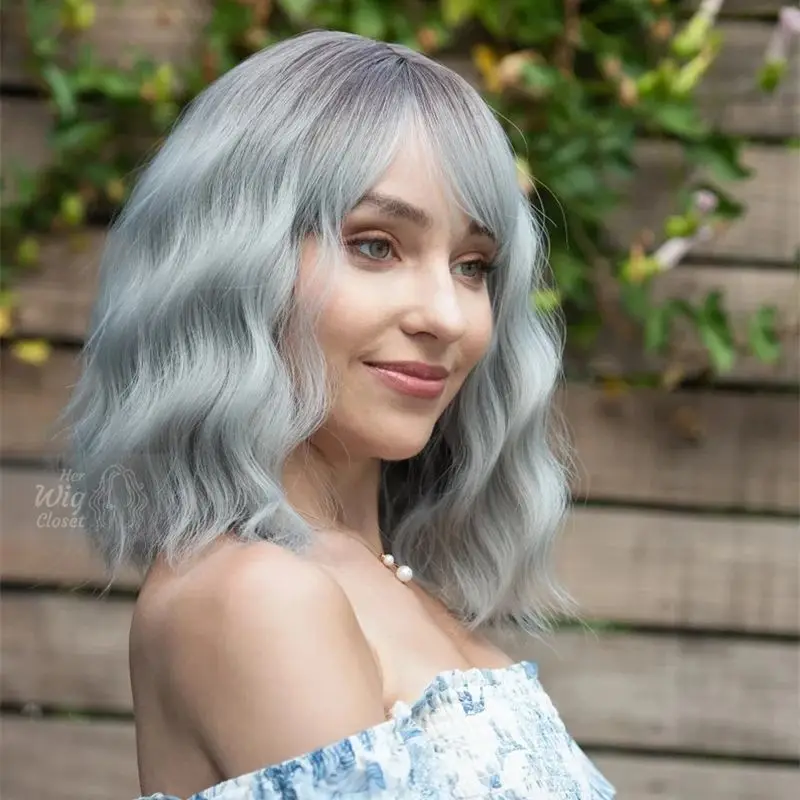 

Brazilian Human Hair Wigs Light Silver Grey Bob Wig with Cute Bangs Wave Lace Frontal Wig Melting Natural Looking For Women