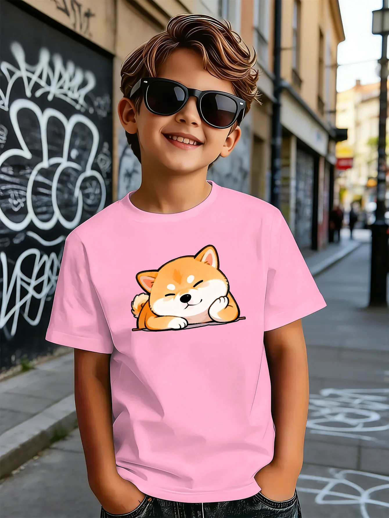Lovely Sleeping Shiba Inu Cartoon Print Boys Girls Family Matching Cotton Short Sleeve Crew Neck Soft Summer Kids Casual Tees