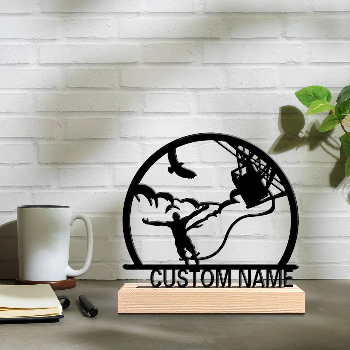1pc Newly designed personalized custom bungee jumping metal statue with wooden base desktop decoration. Wooden base sports gift,