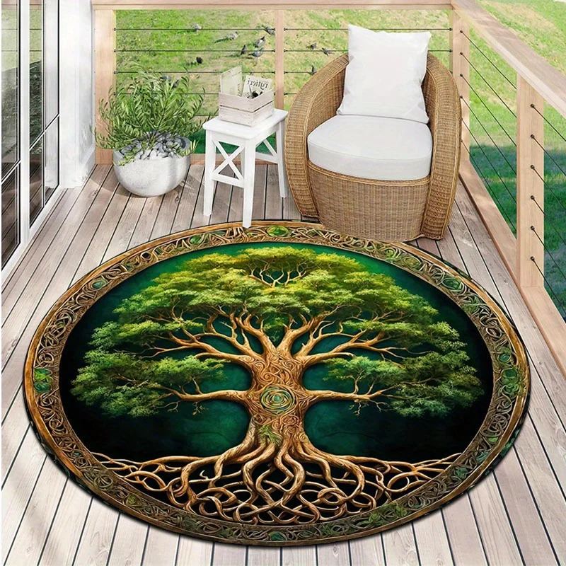 Vintage Tree of Life Round Area Rug, Green and Gold Celtic Knot Design, Non Slip Decorative Floor Carpet for Living Room Bedroom