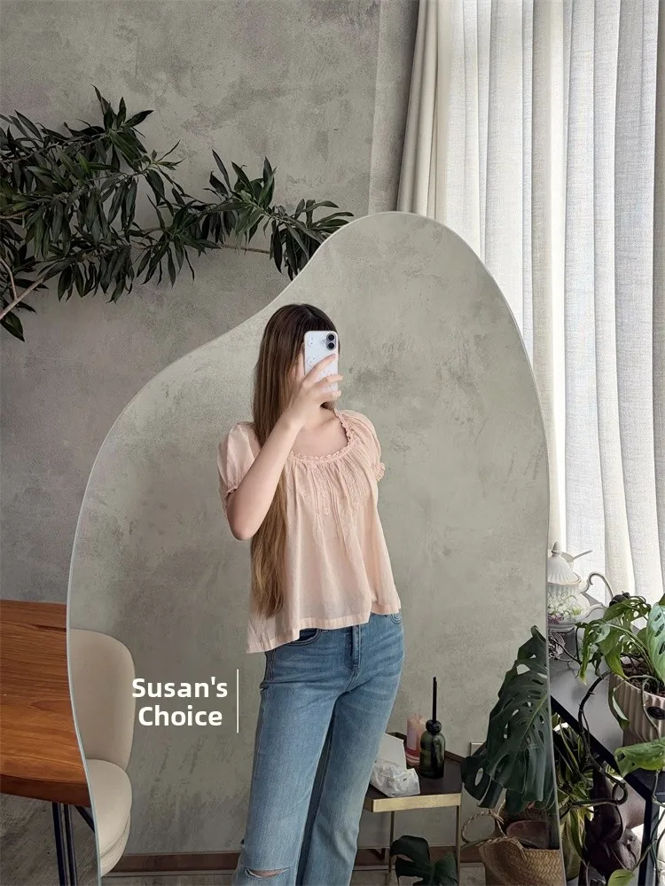 

Susan Do Embroidered Sweet Lace Bubble Sleeve Short Sleeve Women's Top Pure Cotton Lightweight Spring Summer Fashion Blouse