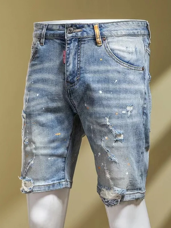 

Мужские модные джинсовые брюки с эффектом потертости, эластичные, прямые, длиной до середины икры, летние, с легким принтом в горошек