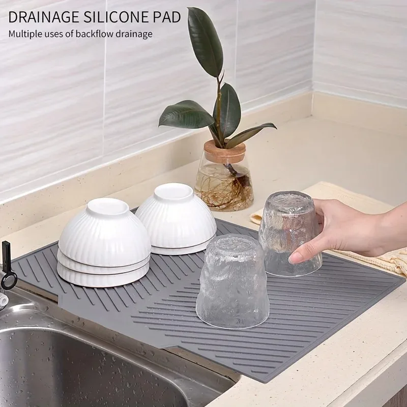 Kitchen Dish Drying Silicone Mat Raised Stripes Outlet Design Countertop Sink Draining Pad Non-slip Tableware Insulating Mat