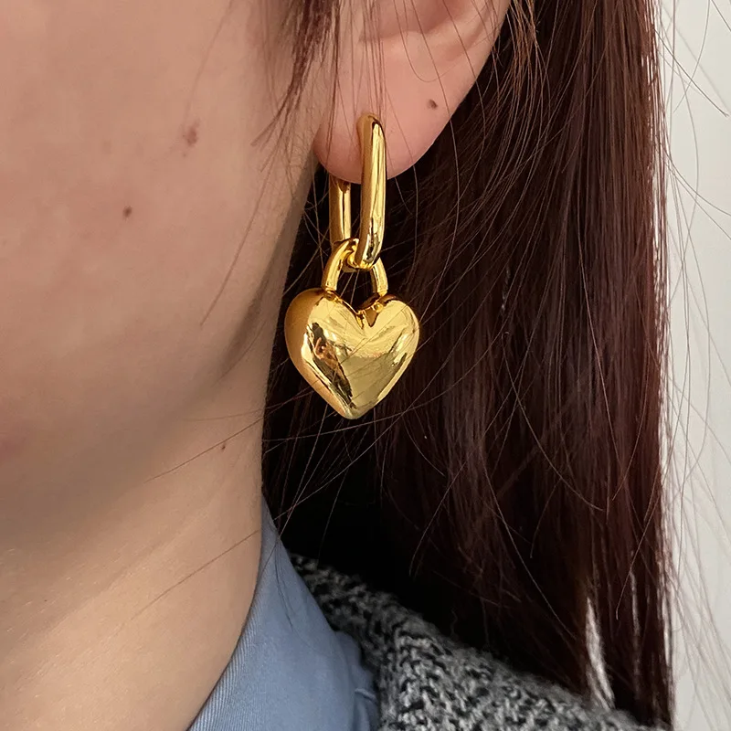 Brass Chunky Linked Heart Pendant Drop Earring Women Jewelry Punk Designer Runway Rare Simply Gown Boho Japan Korean