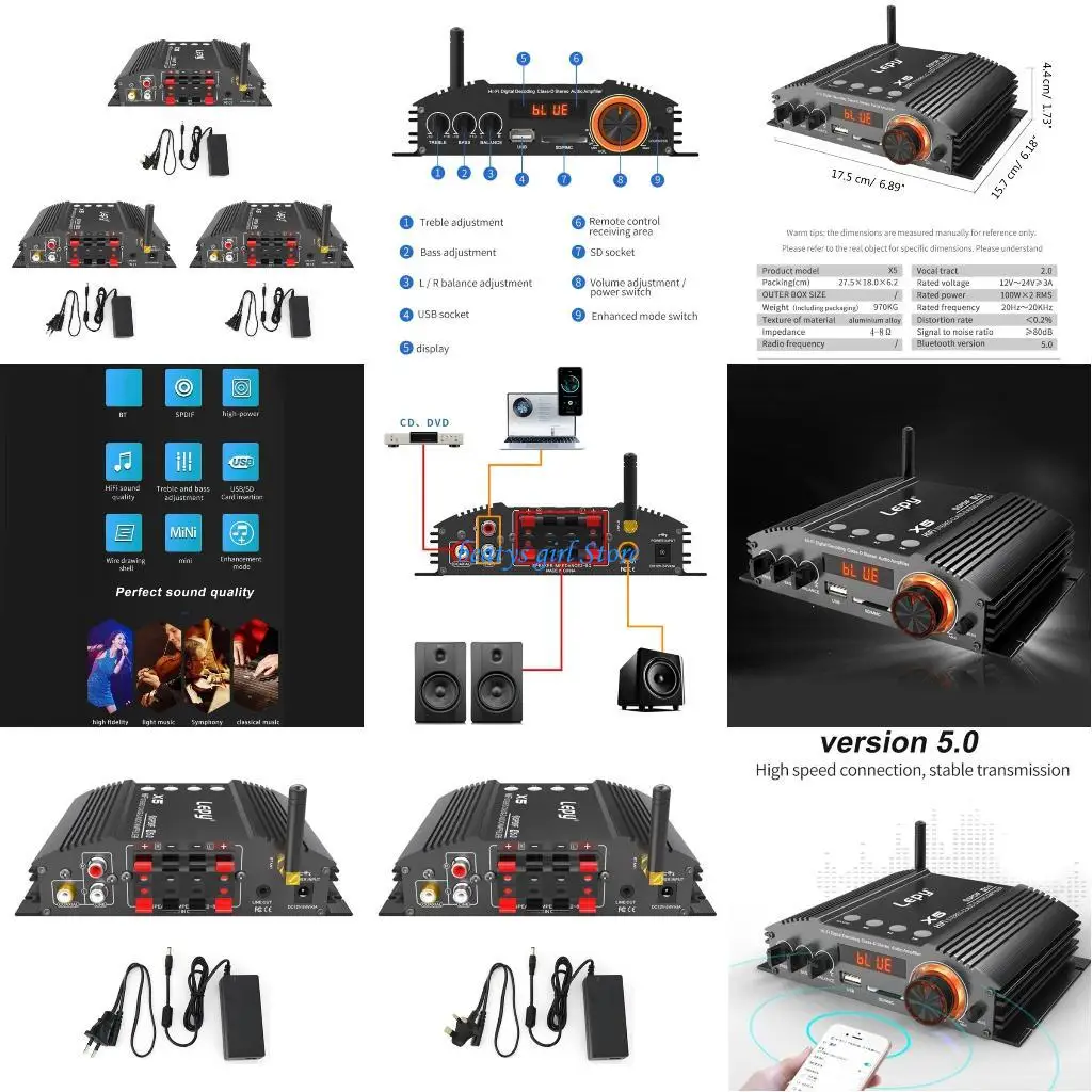 

C7AB LP-X5 2x100W High-power Bluetooth-compatible 5.0 Digital Class-D Power Amplifier Radio Coaxial Decoding USB\SD Card