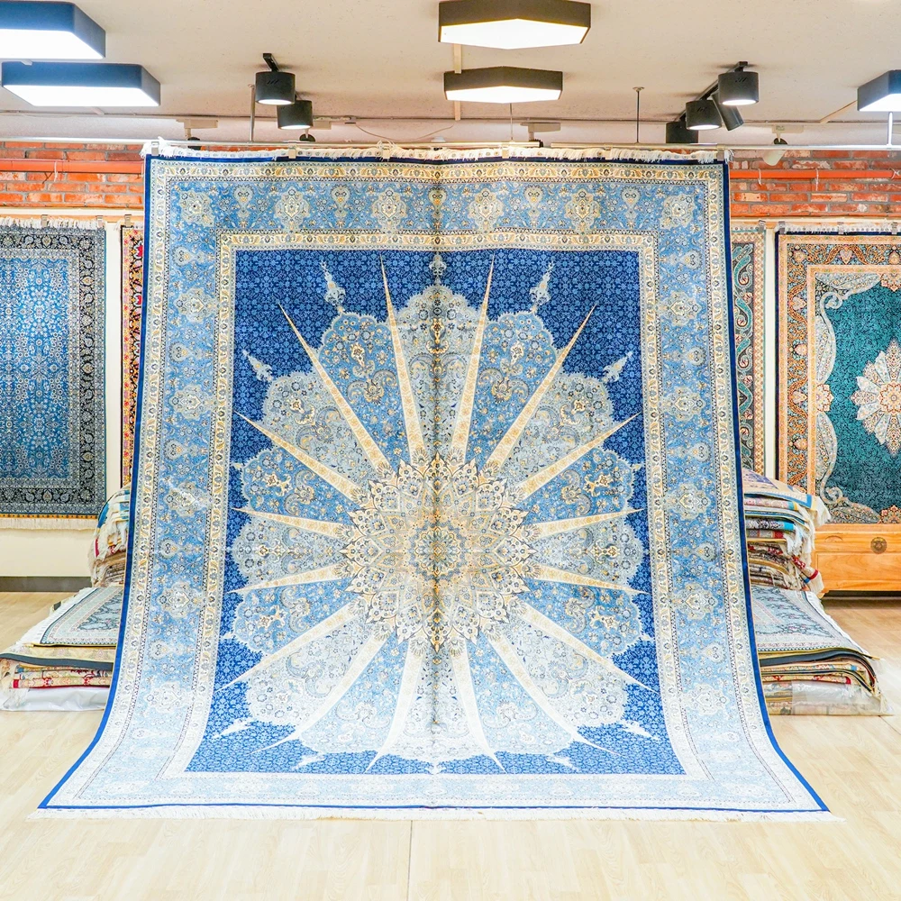 274x366cm Large Handmade Silk Rug Turkish Hand Knotted Floral Carpet for Living Room