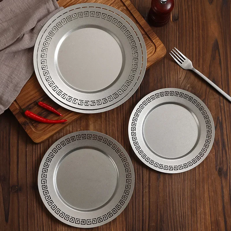 DSA old retro plate creative Japanese western plate steak cafe cake plate embossed stainless steel disc