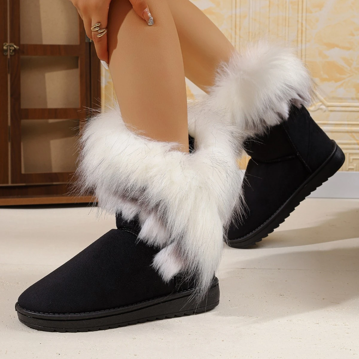 Damen-Winterstiefel bis zum Knie, mit Fell gefüttert, Baumwollschuhe, Freizeit-Flachschuhe, runde Zehen, Gummisohle, einfarbig – Detail 4