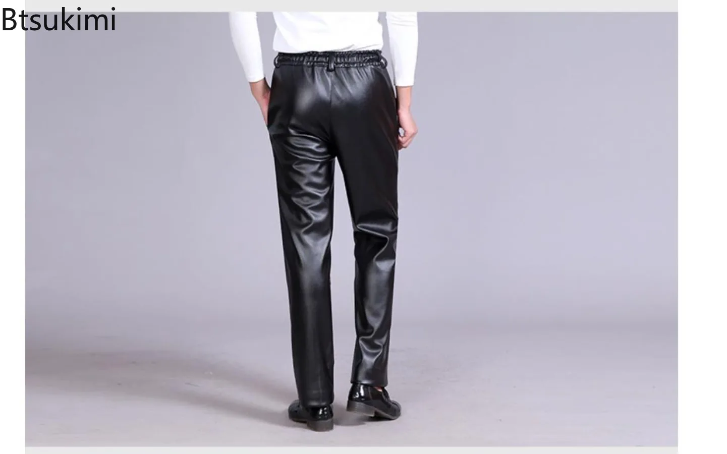 الخريف الشتاء الرجال رشاقته الصوف مبطن بنطال جلدي اليومية عادية الذكور بولي PU فو الجلود السراويل الرياح Poof الدافئة الرجال العمل السراويل