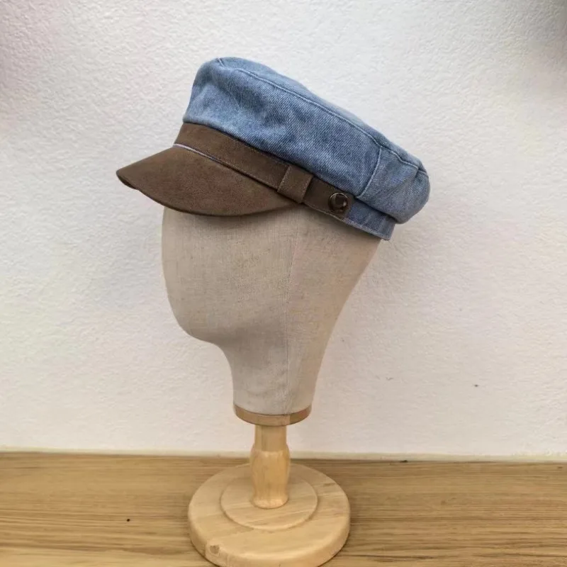 Korean Version Denim Suede Splicing Flat Top Military Hat Women\'s Autumn and Winter Trend British Fashion Sunshade Newsboy Cap