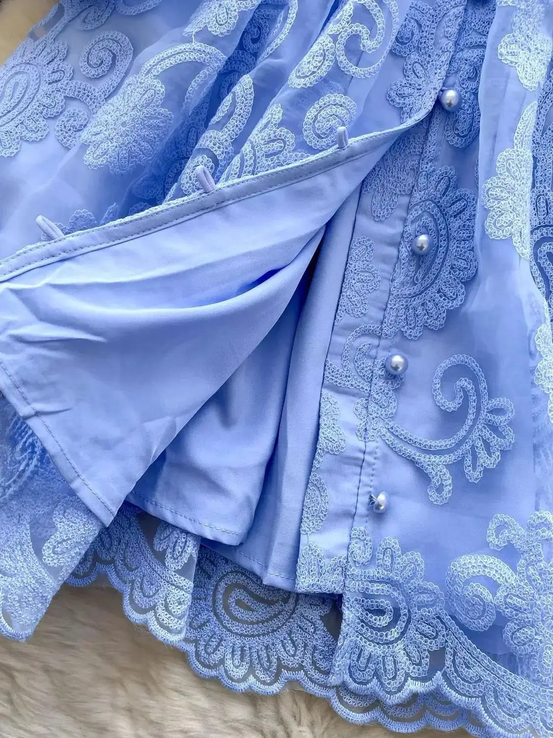 Women V Neck Long Lantern Sleeve Belt Single Breasted Mini Dress French Spring Summer Organza Lace Flower Embroidery Vestidos