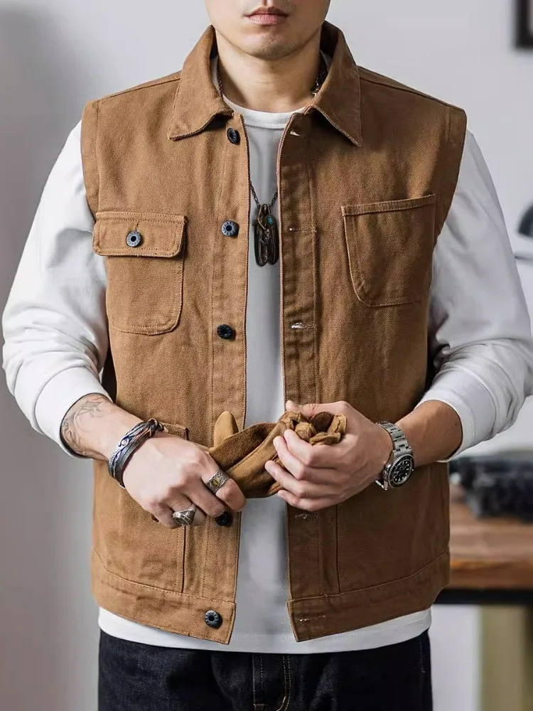 

Retro American Dad's Denim Multi-ket Vest Outdoor Hard Man Versatile Workwear New Sle oulder Pad Men's Trendy