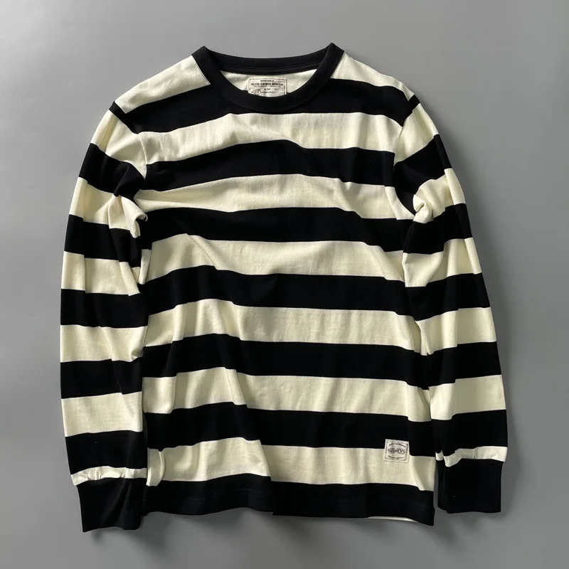 Heavyweight Pure Cotton Long Sleeve T-Shirt Men's Vintage Nautical Striped Base Layer Shirt Loose Fit Black White Crew Neck