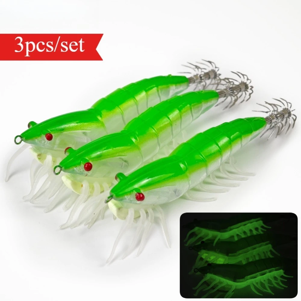 Señuelos de pesca de camarones brillantes, anzuelo de calamar, camarones de agua salada, señuelo de gambas, cebo duro Artificial, accesorios de pesca de sepia, 3 uds.