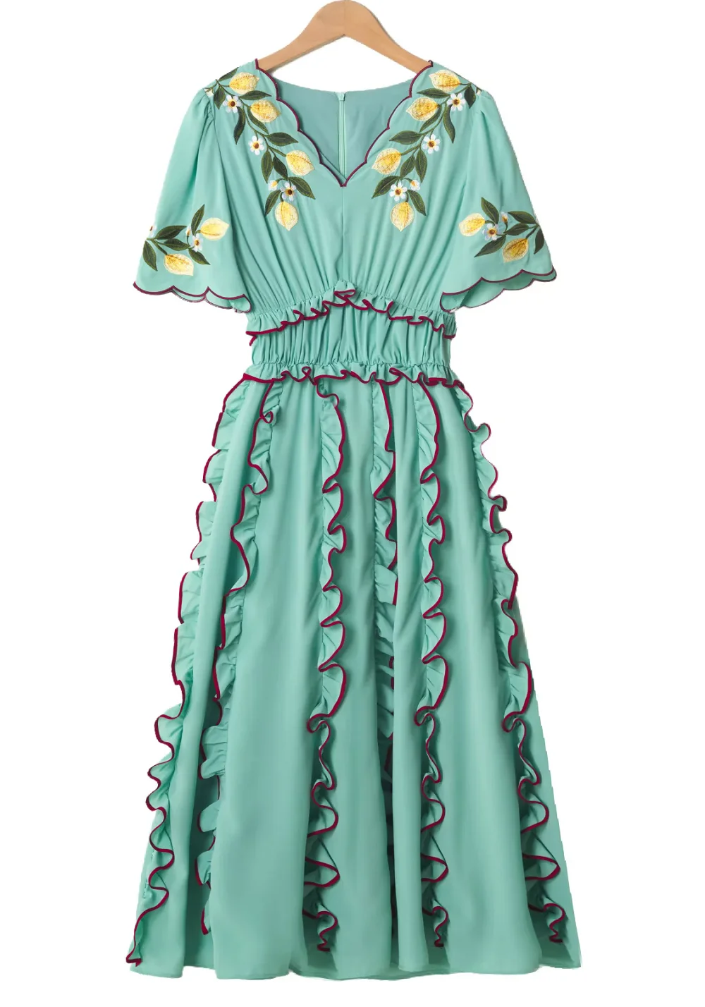 XXL Party Elegant Dress 2026 Summer Fashion Women V-Neck Colorful Floral Embroidery Short Sleeve Mid-Calf Length Green Dress