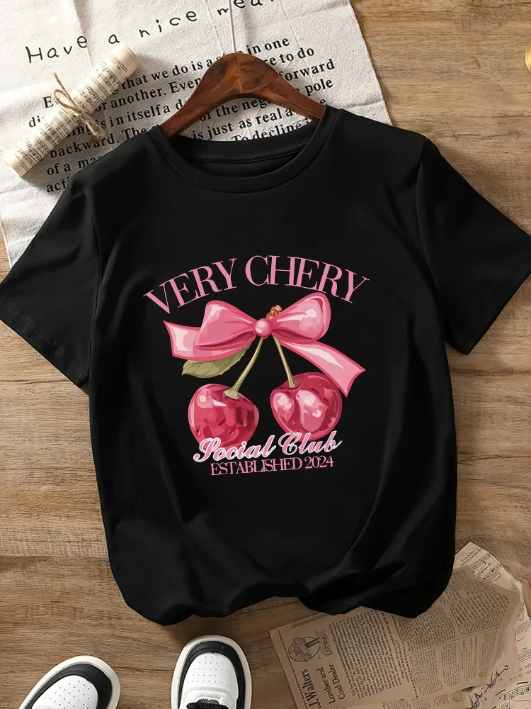 

Cherry-Printed Women's T-Shirt NG Cherry Pattern Short-Sleeve Crew Neck T-Shirt 100% Cotton Top Harajuku T-Shirt Plus Size