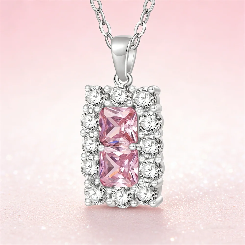 Women's Elegant Square CZ Pendant Necklace 2Colors Pink White Silver Plated Copper Skin-Friendly Jewelry Gift for Daily Birthday
