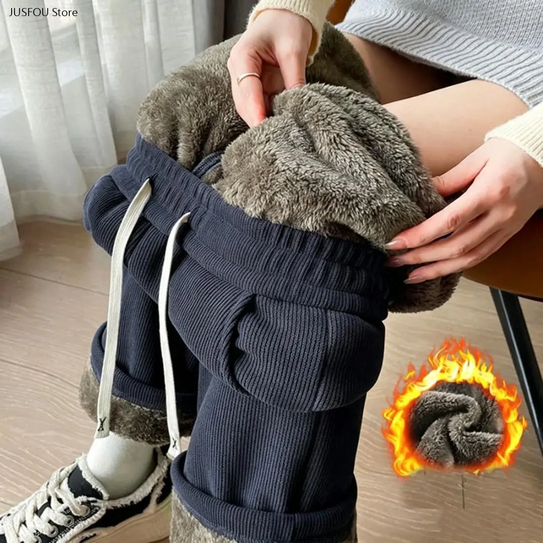 Women's Basic Versatile Waffle Fleece Lined Casual Pants, High Waist Drawstring Trousers with Side Pockets Thick Warm Loungewear