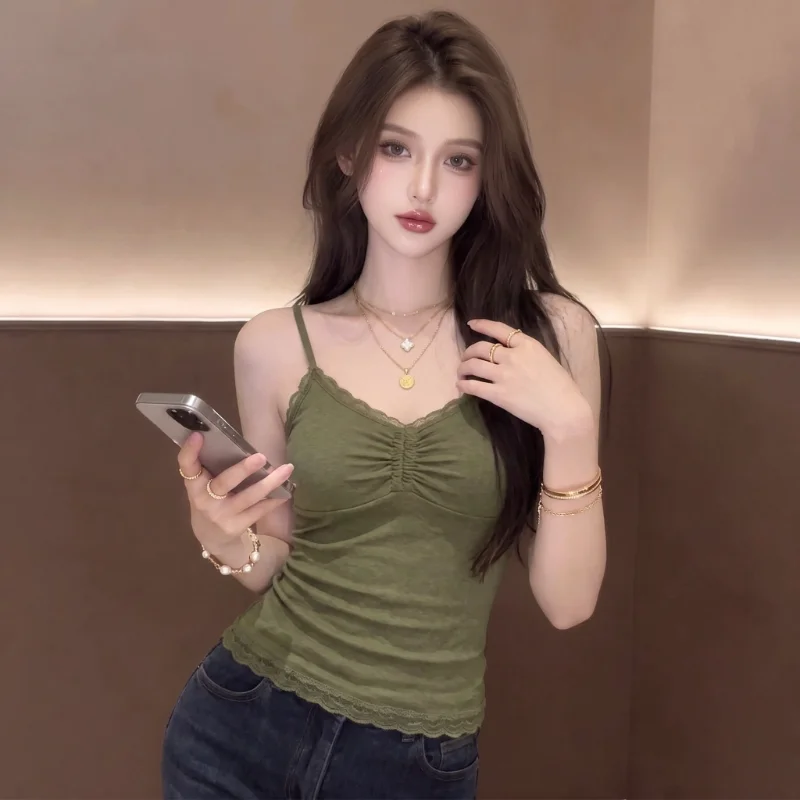 Casual Style Lace Trim Drawstring V-Neck Sleeveless Top Women's Summer Fashionable All-Match Girl Style Waist-Cinching Daily ...