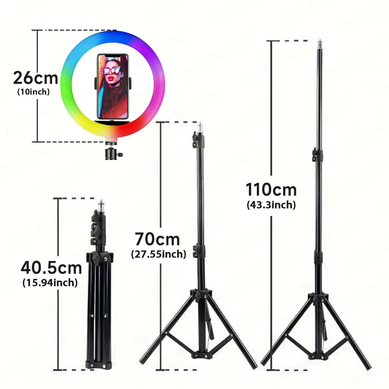 ضوء حلقة سيلفي 26 سم RGB ملء LED مع حامل جهاز تحكم عن بعد للهواتف الذكية والفيديو المحمول والإضاءة الفوتوغرافية المباشرة