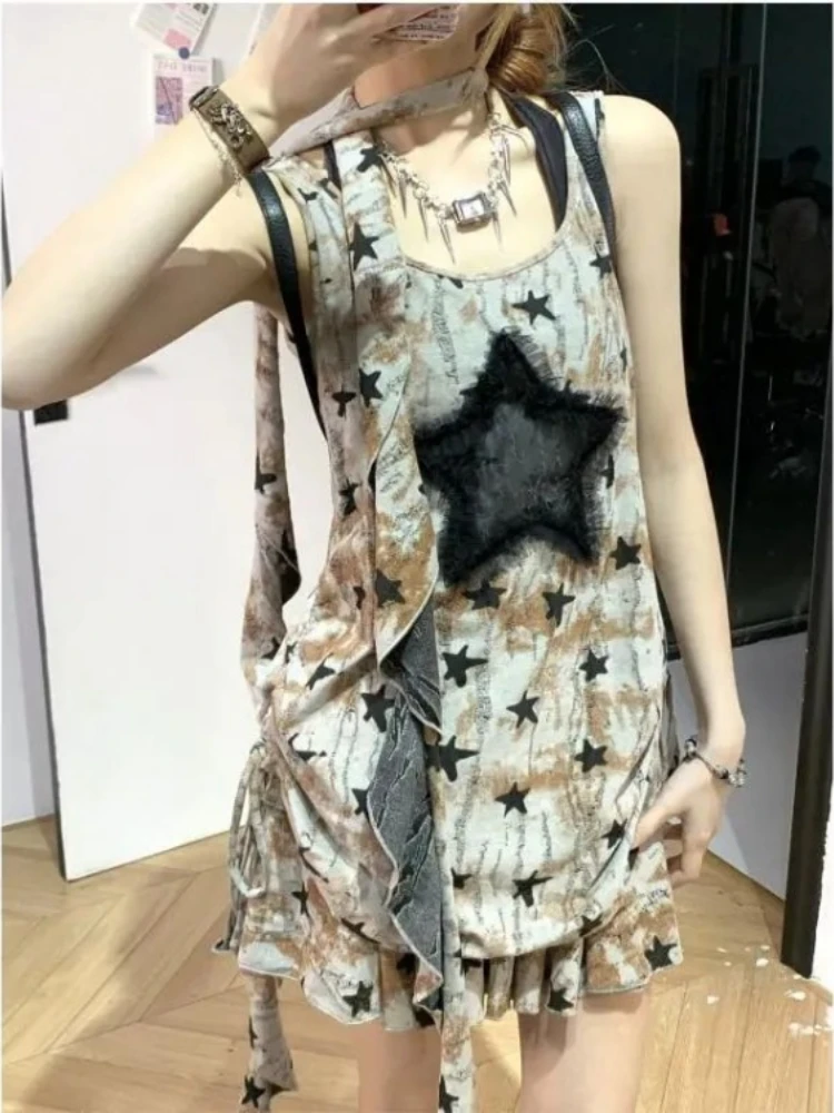 Summer Thin Loose Drawstring Sleeveless Vest for Women+ Y2k High Waist Ruched Skirts 2024 New Star Print Two Piece Sets