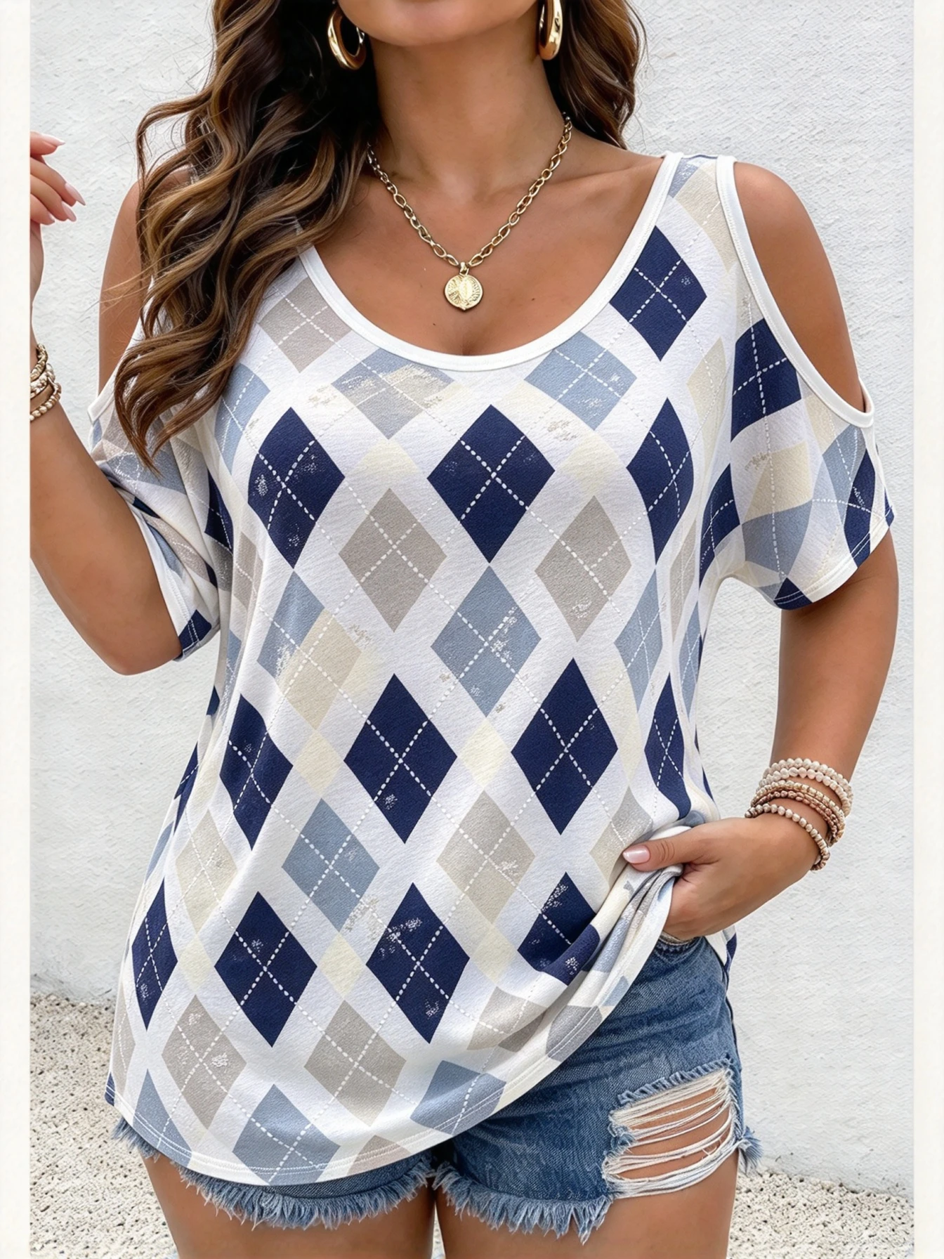 Women Argyle Diamond Plaid Print Cold Shoulder T-shirts Casual Loose Short Sleeve Tees Ladies Basic Blouse Tops Summer Clothing