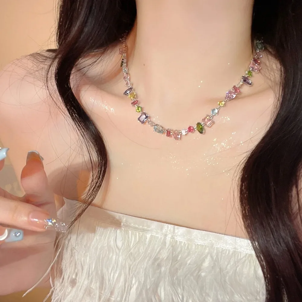 Geometrically Shape Colorful Crystal Necklace Simplicity Alloy Zircon Bracelet Irregular Necklace