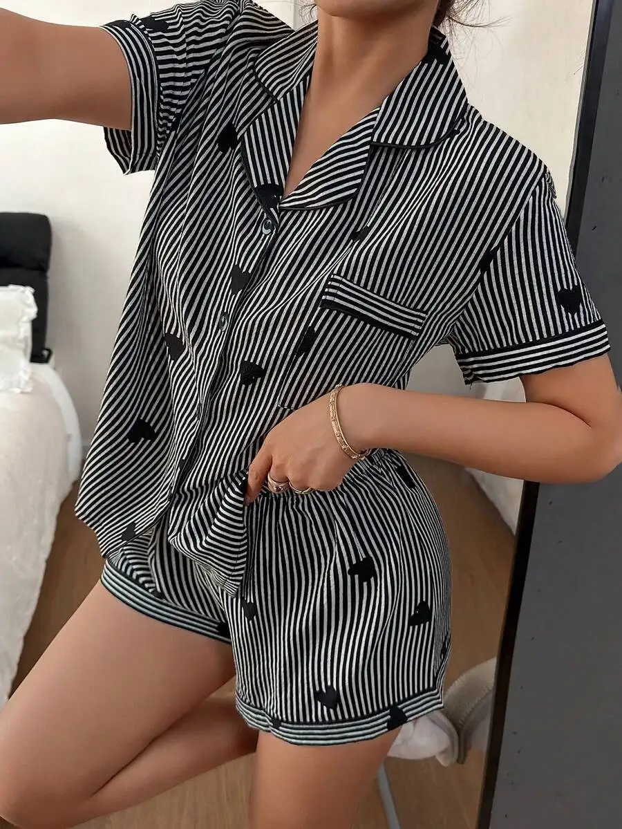 

Women Striped Heart Print 2 Piece Pajama Set Short Sleeve Buttoned Collar Top And Shorts Soft Sleepwear Summer