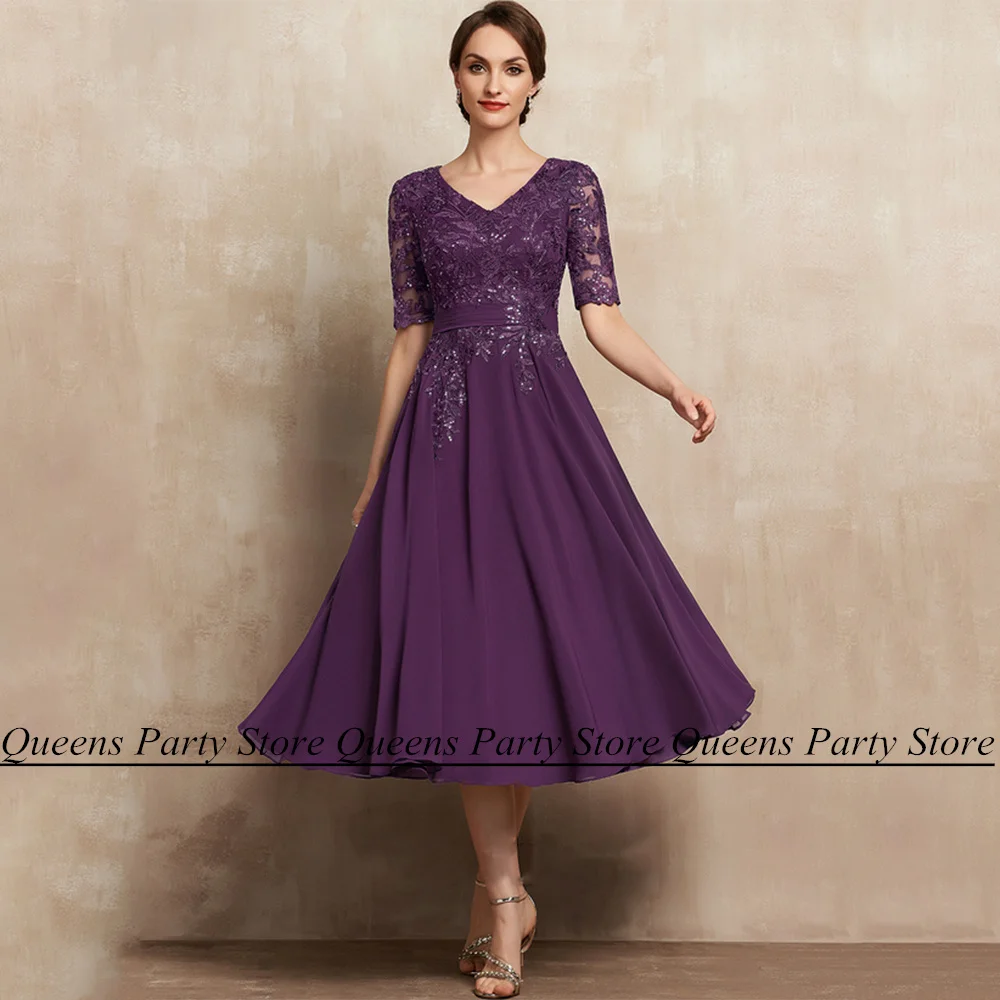 

Short Mother of The Bride Dresses Half Sleeves V Neck Sequin Applique Tea Length Chiffon A Line Purple Wedding Party Guest Gown