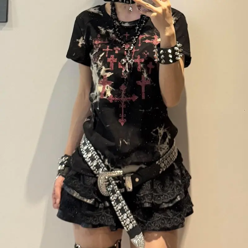 

American Y2k Short Sleeved Top for Women Summer Print O-neck Black T-shirts 2025 New Slim Fit All-match Blusas Mujer
