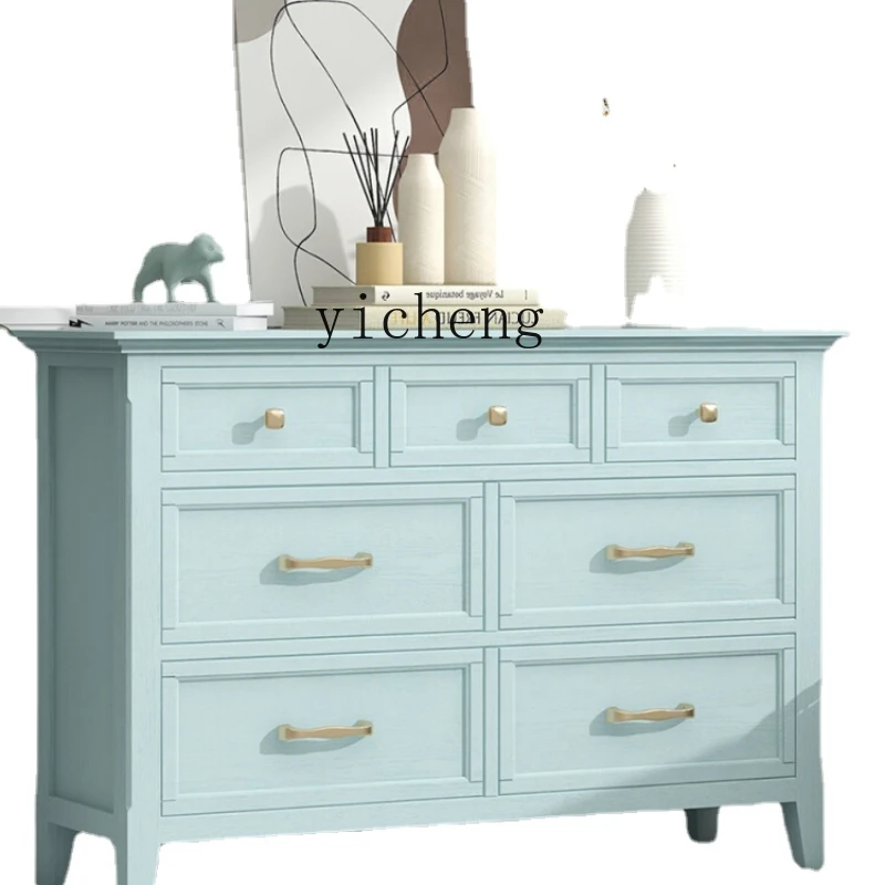 Yy Nordic Solid Wood Cabinets Storage Cabinet Blue 7-Drawer Cabinet Storage Cabinet