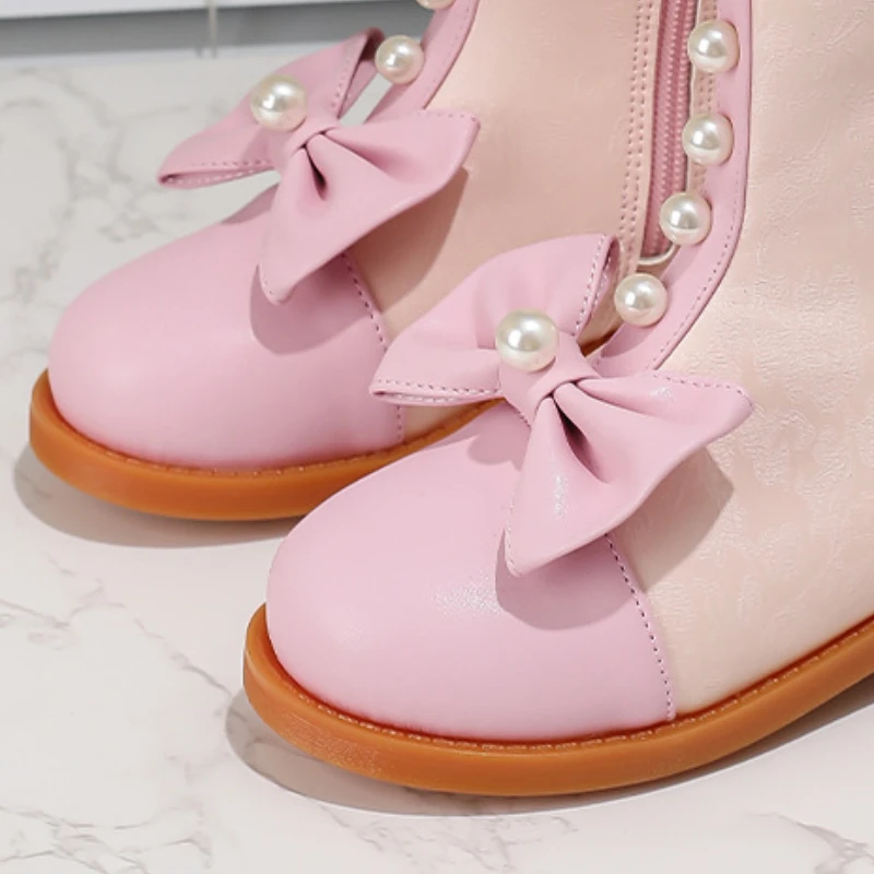 สาวข้อเท้า BOOT สีชมพู Patchwork เด็กฤดูใบไม้ผลิฤดูใบไม้ร่วงรองเท้าแฟชั่น Bowknot เด็ก Princess Catwalk รองเท้าหนังอเนกประสงค์ใหม่