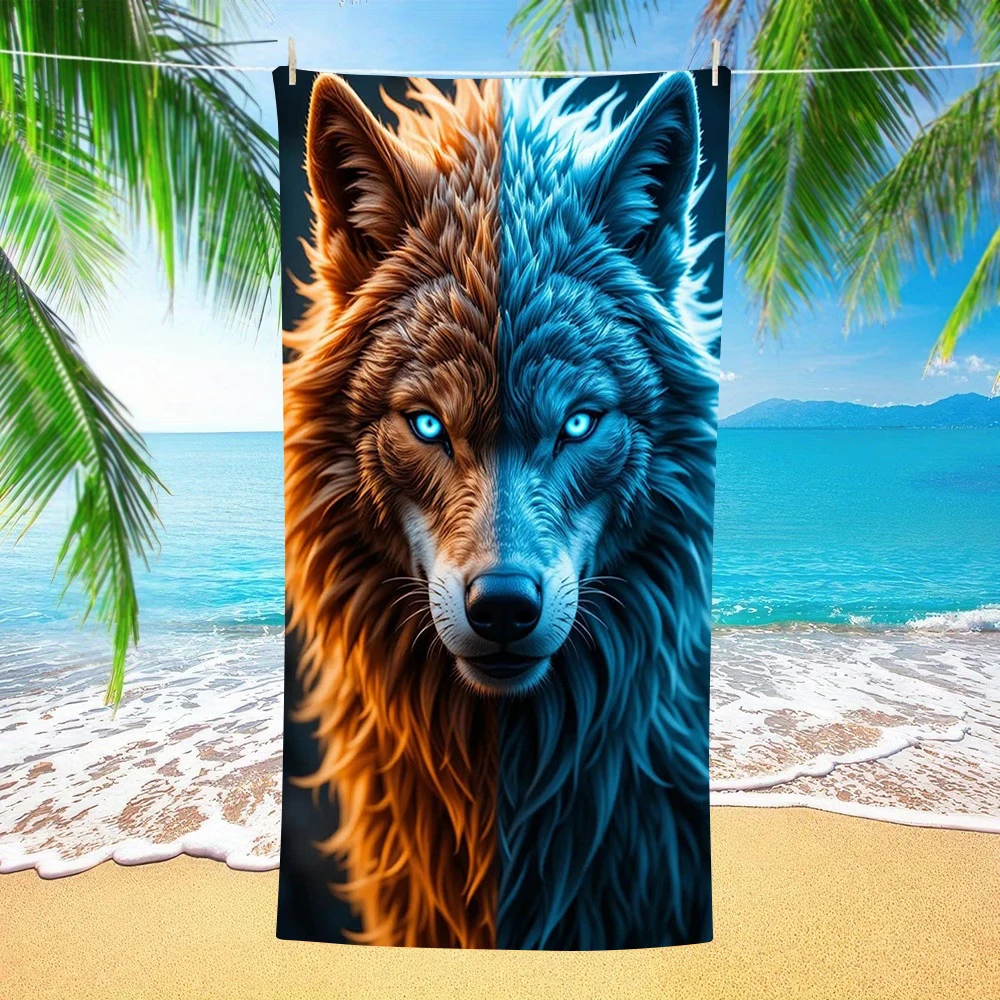 Half Fire Brown Half Ice Blue Split Wolf Head Portrait Print Beach Towel Fast Drying Towel for Swimming Gym Outdoor Activities