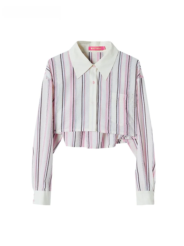 

Elegant Loose Collar Shirt Short Design Sensation BETTERSAY Women's Premium Fashion Cotton Blend V-neck Long Sleeve Top
