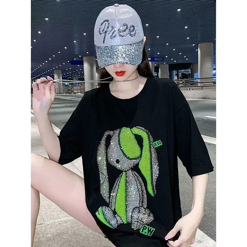 Pure Cotton Cartoon Big Ear Rabbit Short Sleeve T Shirt Women Fashion Brand Loose Summer New Hot Drilling Y2k Tees Tops Female