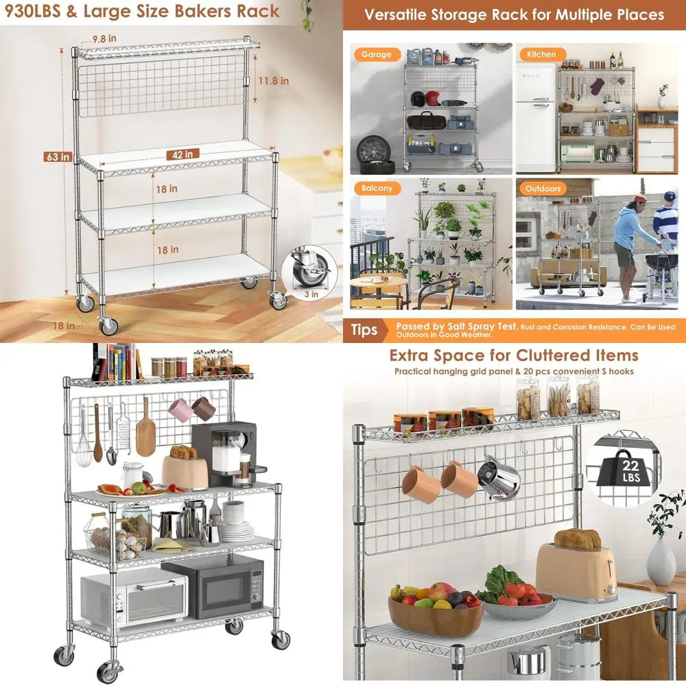

42 Kitchen Utility Cart with 4-Tier Storage & Wheels, 20 S-Hooks, Chrome Finish